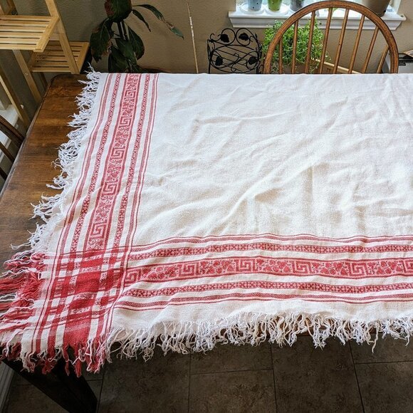 White & Red Linen Fringe Vintage Tablecloth - Picture 1 of 13